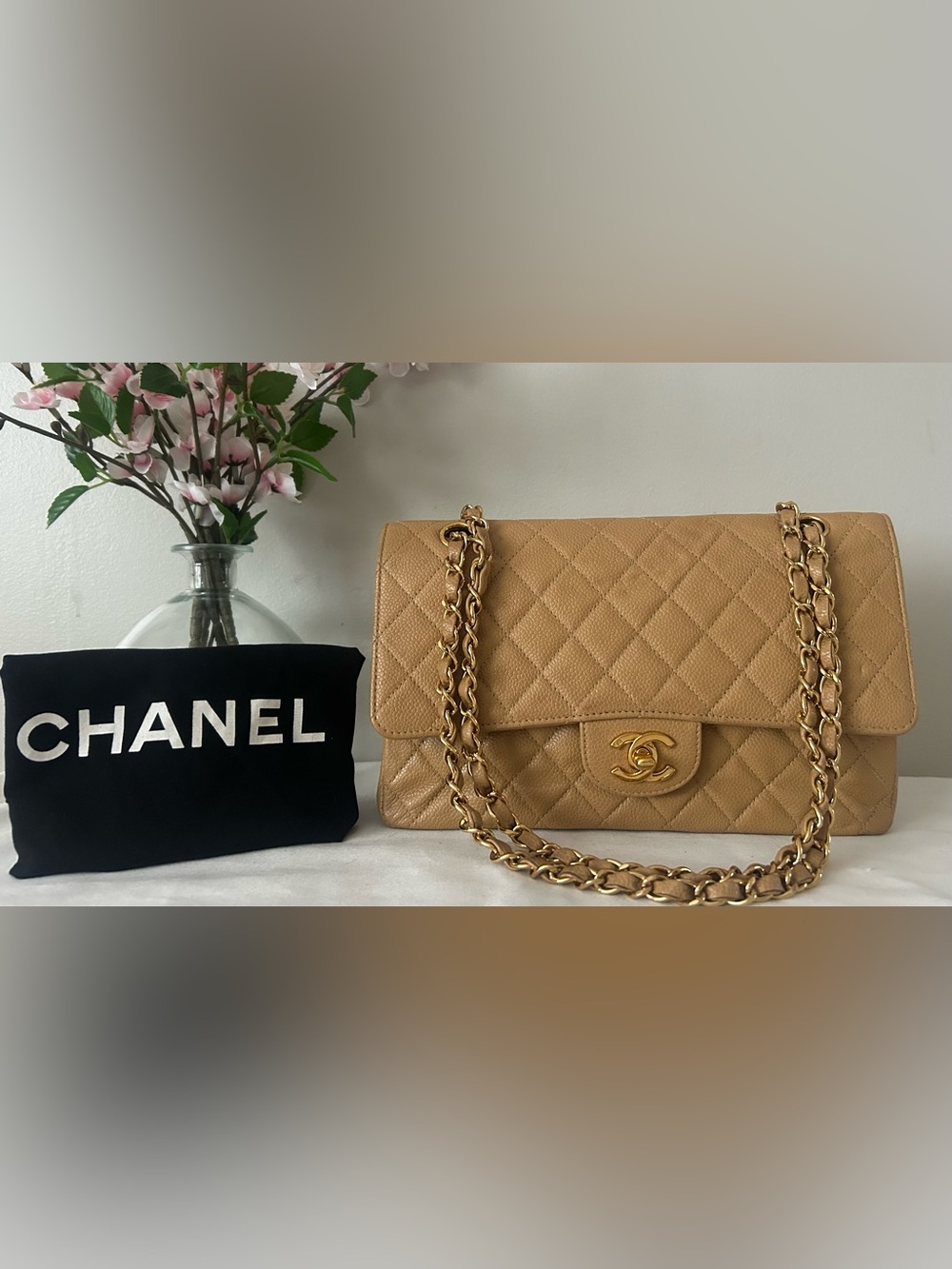 CHANEL Medium Classic Double Flap Caviar Quilted Handbag Beige/24k Gold